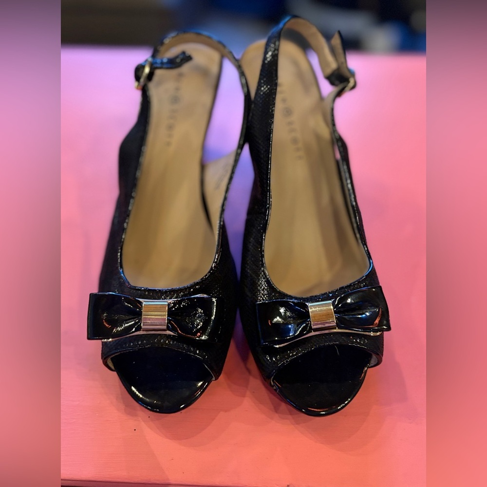 Vintage, Karen Scott, Black Patent, Peep-Toe, Slingback, Pin Up Style, Heels